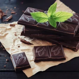 chocolate pieces with mint leaves on a tablecloth