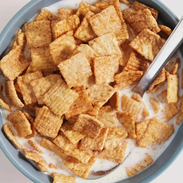 Cinnamon flavoured cereal with milk in a bowl.
