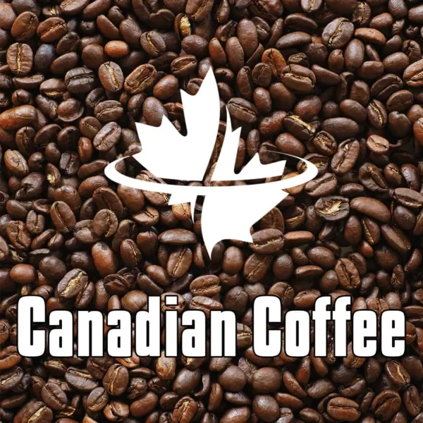 Canada Vapes logo and "Canadian Coffee" flavour, above a background of coffee beans.