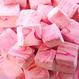 Pink swirly marshmallow squares.