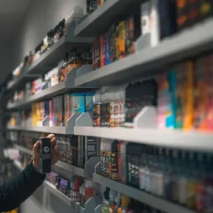 Vape shop shelf with flavoured e-liquids banned in Quebec.