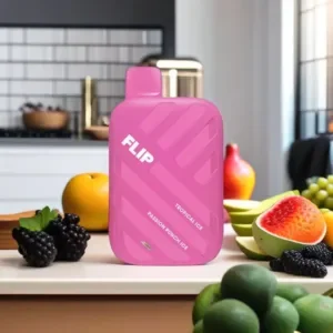 Pink Flip Bar Disposable vape on a countertop surrounded by fresh fruit.